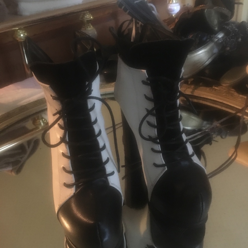 Black and white lace up platform ankle boots